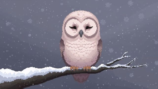 Perching chubby pastel owl resting on snow-covered branch pixel art winter woodland scene