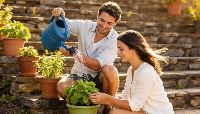 Couple watering basil on terraced stone steps enjoying sunlit weekend gardening moment