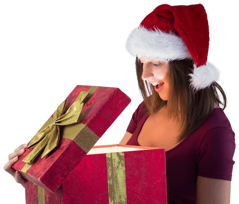 Festive Woman Peeking Inside Glowing Gift Box with Santa Hat