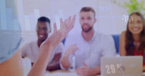 Team collaborating with data overlay and technology focus