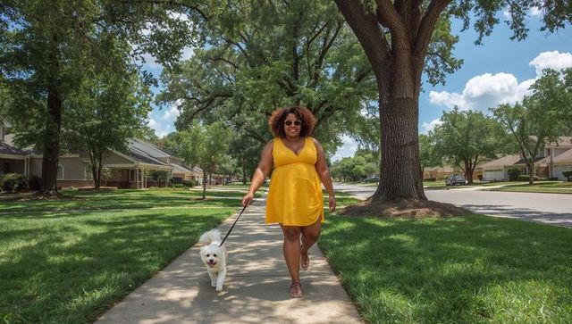 Woman walking small white dog on tree-lined suburban sidewalk wearing yellow dress