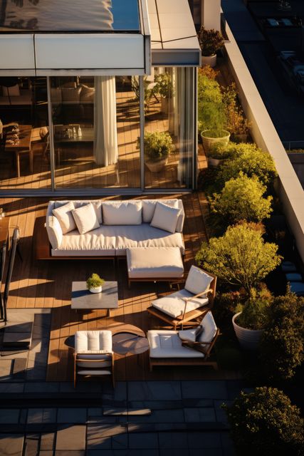 Modern Rooftop Patio with Sunlit Furniture and Greenery - Download Free Stock Images Pikwizard.com
