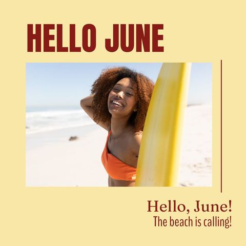Joyful Woman with Surfboard Embracing June's Beach Vibe
