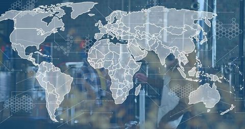 Technicians Inspecting Panels Through Glass with World Map Overlay Highlighting Global Manufacturing