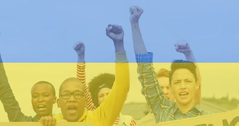 Diverse Protesters Uniting Against Backdrop of Ukrainian Flag