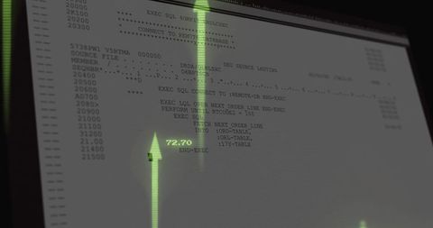 Green HUD Terminal Screen Displaying Legacy Mainframe Code, Line Numbers and Telemetry Overlay