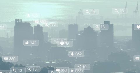 Coastal city skyline shimmering through haze with social media notification overlays