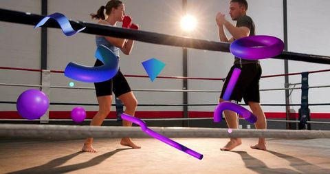 Backlit mixed-gender boxing sparring in ring with vibrant 3d neon graphic overlays