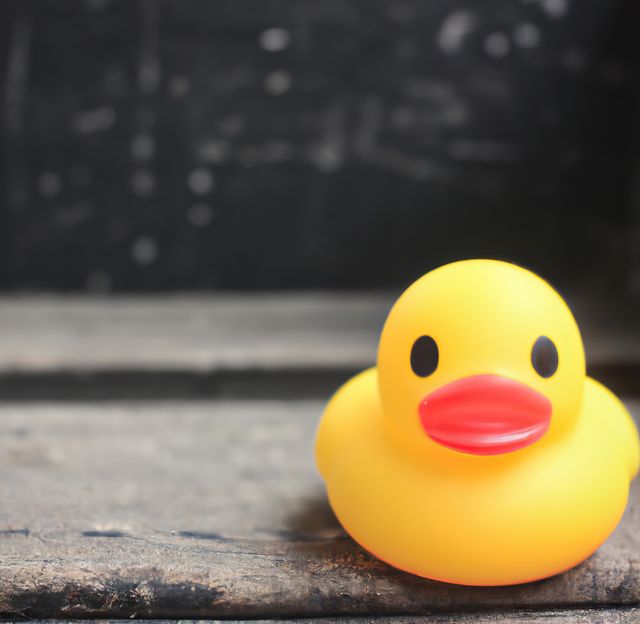 Close up of yellow rubber duck on black background created using generative ai technology. Toy, material and animals concept, digitally generated image.