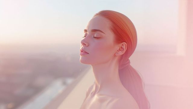 Elegant Red-Haired Woman Enjoying Sunset on Rooftop Terrace