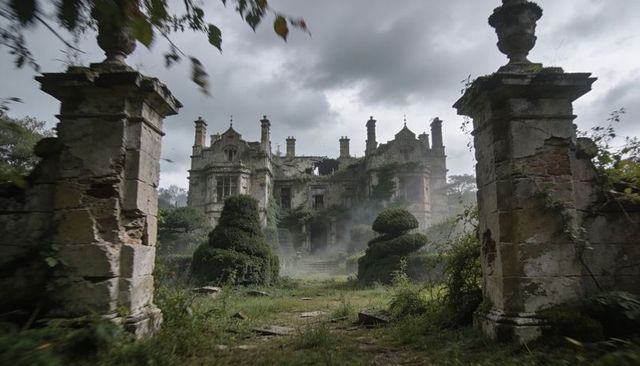 Decaying gothic manor behind overgrown gate pillars with misty abandoned garden