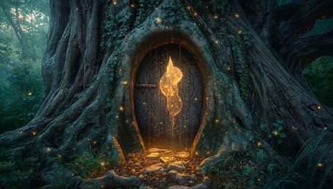 Enchanted Hollow Tree with Glowing Door in Mysterious Forest