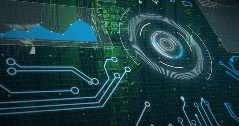 Circular hud pulsing over green circuit board showing neon traces and futuristic interface