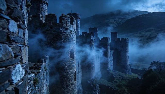Moonlit ruined castle with drifting fog on misty hillside, gothic turrets and crumbling battlements