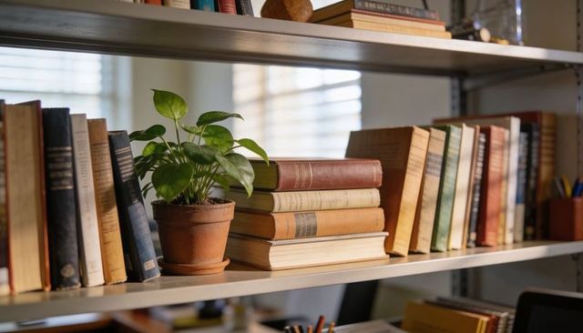 Sunlit home office shelf featuring potted plant and stacked vintage hardcover books
