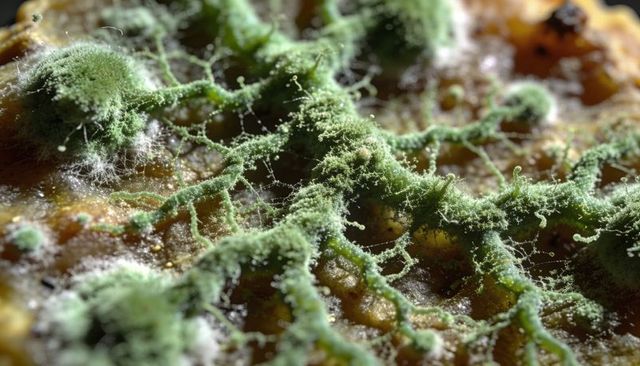 Filamentous green mold spreading across decomposing bread surface, macro mycelium detail