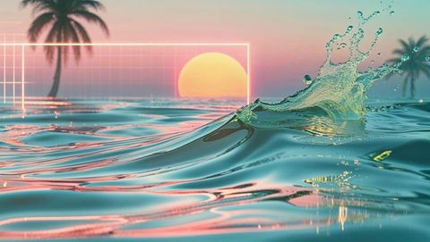 Surreal Ocean Sunset with Neon Waves and Palm Silhouettes