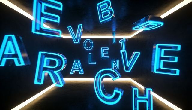 Floating neon letters forming 3d blue typography tunnel with glowing led strips