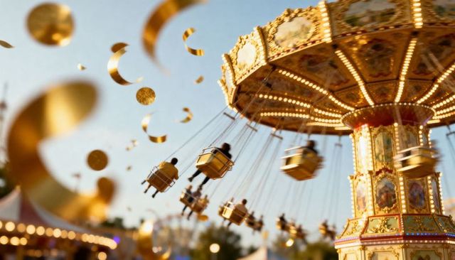 Spinning golden vintage swing carousel with riders and festive lights