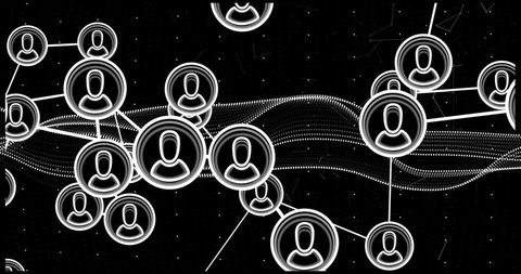 Digital network with glowing user icons and dotted waves