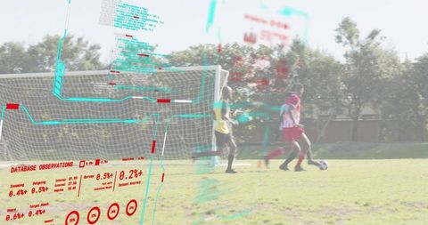 Youth soccer players dribbling and defending on sunlit park pitch with augmented data overlay