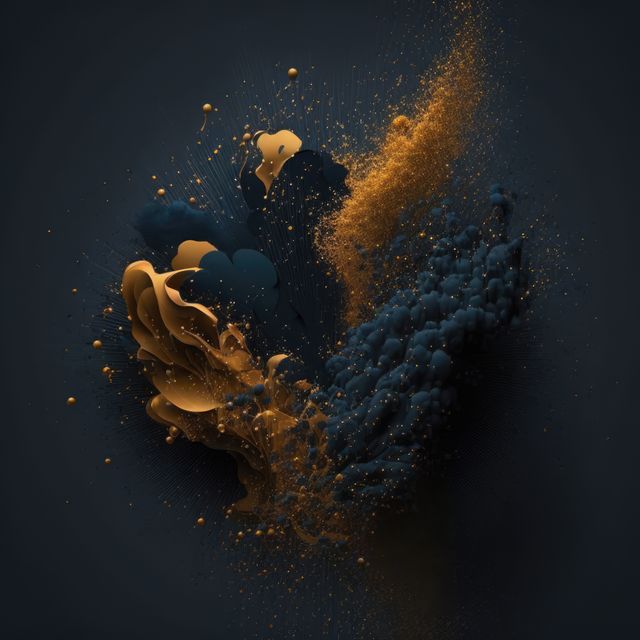 Magnified particles in air during explosion of yellow powder created using generative ai technology. Energy and suspension of microscopic particles moving in air concept.