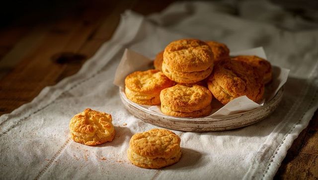 Golden buttermilk biscuits stacking on rustic wooden tray with linen cloth and crumbs
