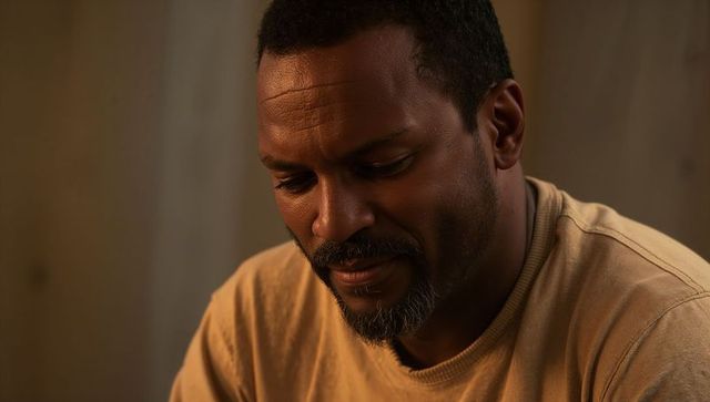 Contemplating middle-aged man gazing downward in warm light, introspective portrait