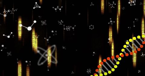 Glowing dna helix overlays futuristic molecular background