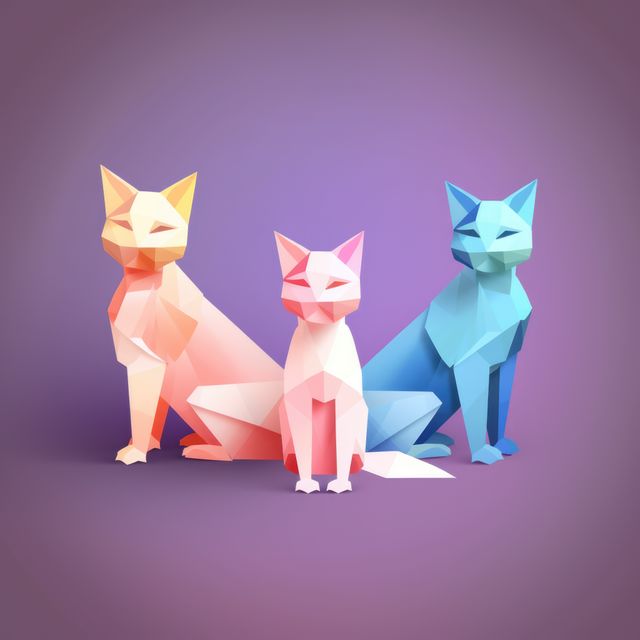 Close up of origami figures of cats on purple background, created using generative ai technology. Origami, art and japanese tradition concept digitally generated image.