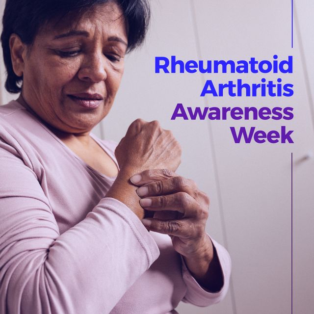 Senior woman holding her wrist promotes rheumatoid arthritis awareness week. Ideal for campaigns, health education, patient support materials, and raising awareness about rheumatoid arthritis. Useful for websites, social media, and informational brochures for elderly care and chronic illness management.