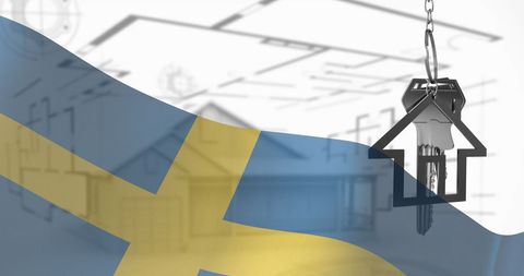 Swedish flag with house key and blueprint background