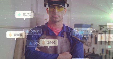 Industrial Worker Navigating Social Media Engagement Icons