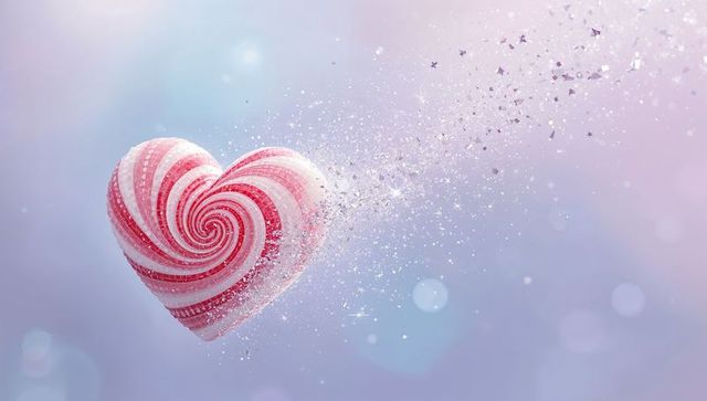 Floating red-white swirl heart candy drifting with sparkling sugar trail pastel bokeh background