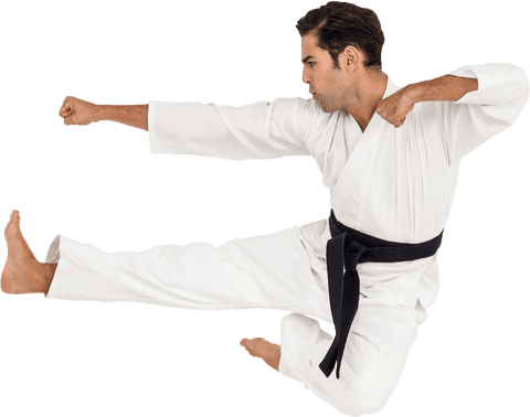 Karate Fighter Performing Mid-Air Kick in Transparent Background