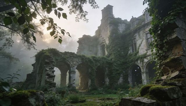 Misty woodland ruins with ivy-covered arches, mossy stone tower and sunlit motes
