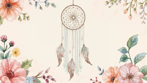 Bohemian dreamcatcher with floral accents on cream background