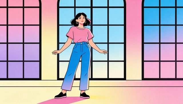 Woman standing in pastel studio wearing high-waist jeans and pink top with arched grid windows