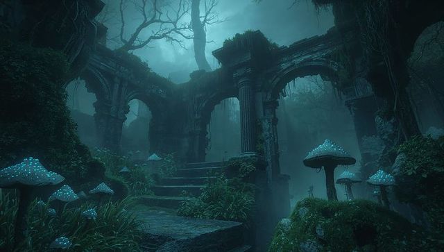 Misty ancient colonnade rising through forest with glowing bioluminescent mushrooms