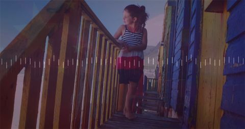 Caucasian Girl at Beach with Digital Data Overlay