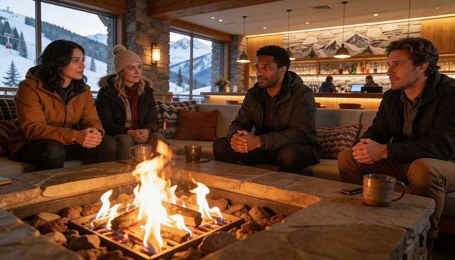 Friends gathering around stone firepit in cozy mountain lodge with snowy slopes view