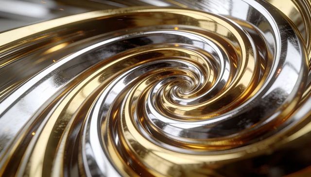Shimmering gold and silver metallic spiral vortex with reflective concentric bands closeup