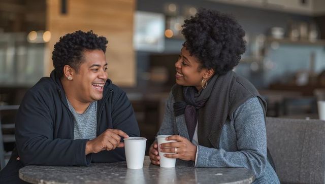 Smiling Couple Enjoying Coffee Together in Modern Cafe Setting