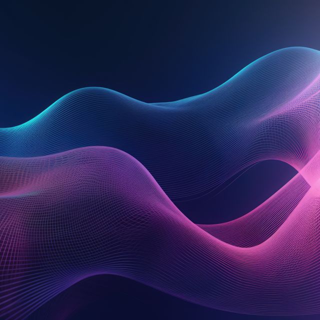 Abstract neon waves are flowing on a dark background with purple and blue tones. The smooth, curved lines create a futuristic and dynamic visual. This design is perfect for backgrounds in digital projects, promotional materials, technology presentations, and creative design projects.