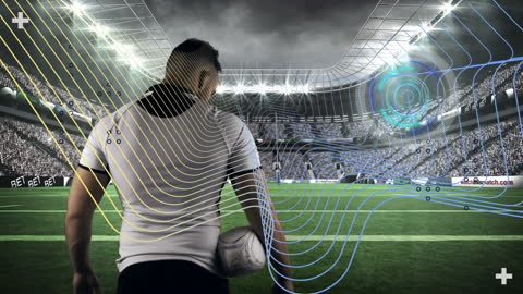Rugby Player Overlapping Digital Network Graphics in Stadium