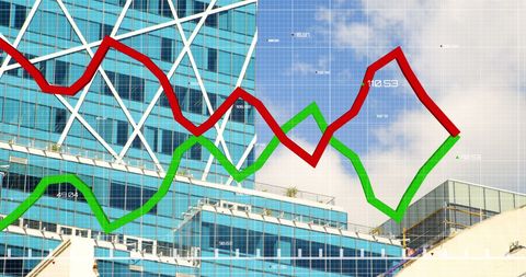 Financial Growth Algorithms Over City View with Green and Red Lines - Download Free Stock Images Pikwizard.com