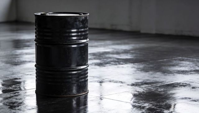 Black Industrial Drum Reflecting on Glossy Tiled Floor Showing Rust and Scuffs in Moody Grey Room