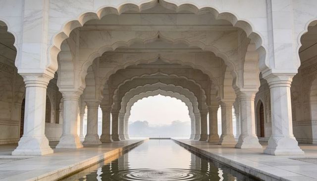 Marble arched colonnade reflecting pool at dawn symmetrical scalloped arches and columns