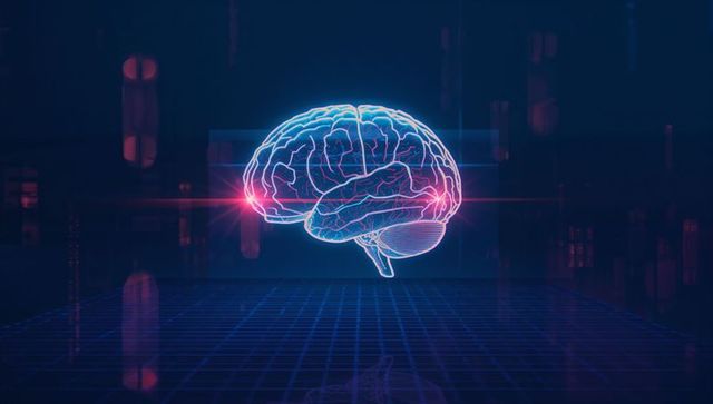 Futuristic holographic brain interface with digital grid