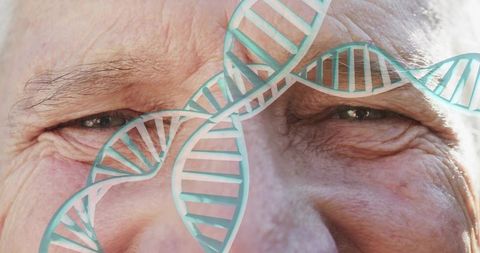 Senior male face showing crow's feet, detailed skin texture with teal dna helix overlay